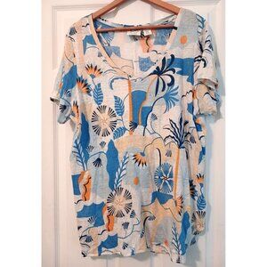 Nicole Miller Shirt Womens 1X Floral Pastel Linen Short Sleeve Lightweight Top